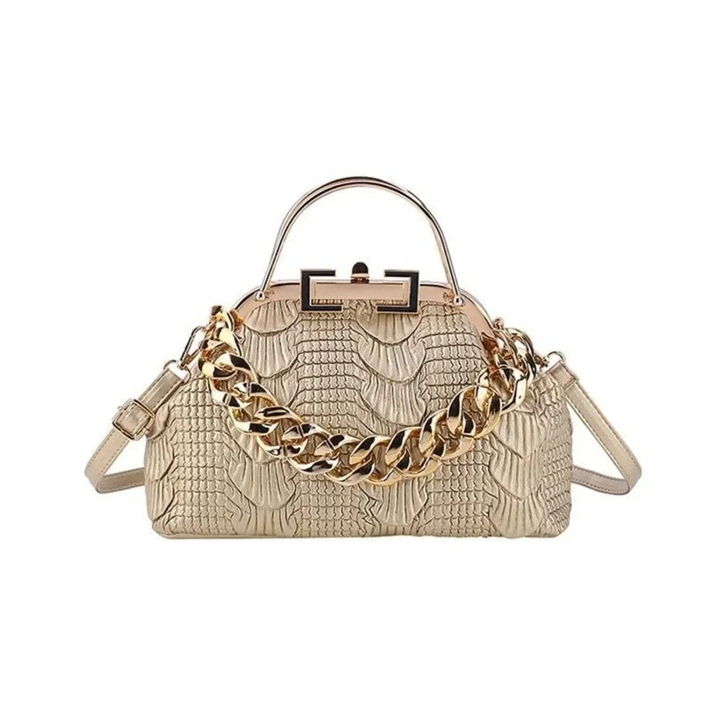 Top Handle Gold Croc Boxy Metal Handle Handbag Satchel